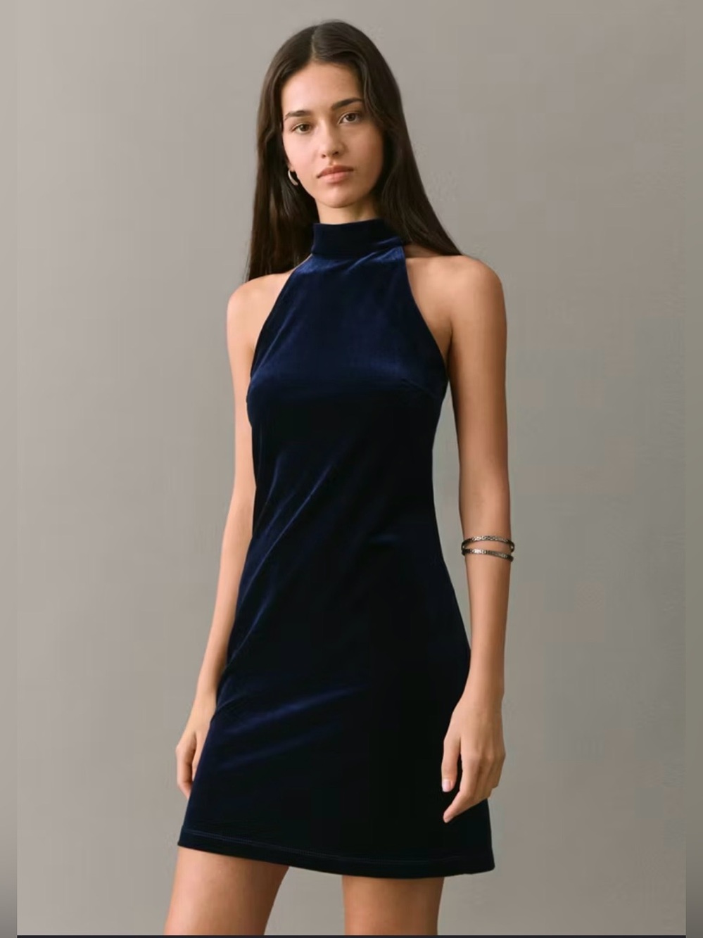 High-Neck Velvet Mini Dress in Deep Blue